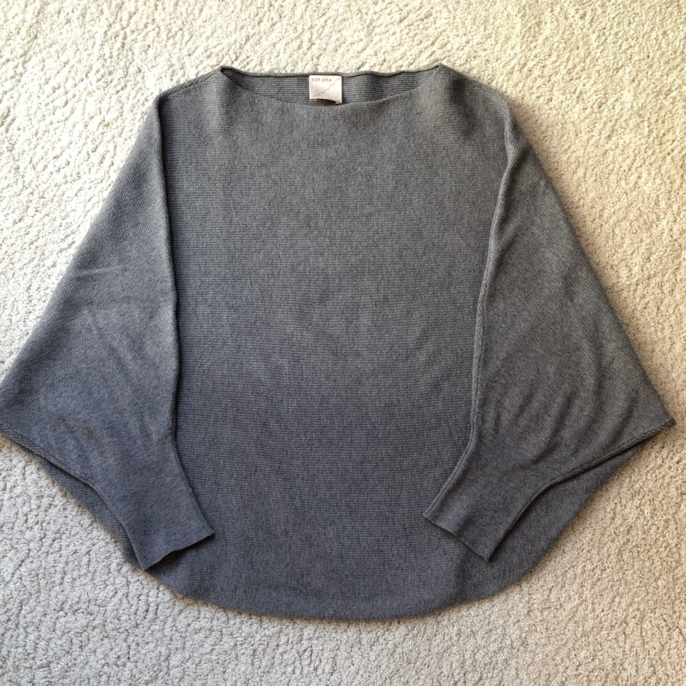 Soft & cozy gray sweater with batwing sleeves, boat neck, & shirttail hem - Picture 11 of 15